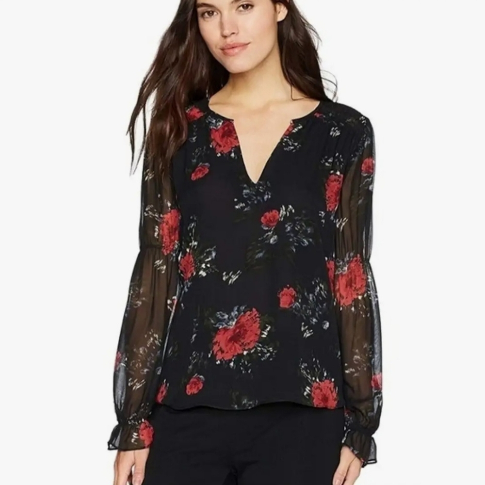 Joie Anjanette Silk Floral Blouse Top Long Sleeve Black Red Semi-Sheer